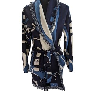 Chico's Blue and Cream Patterned Cardigan Size Med Art To Wear Boho Layering